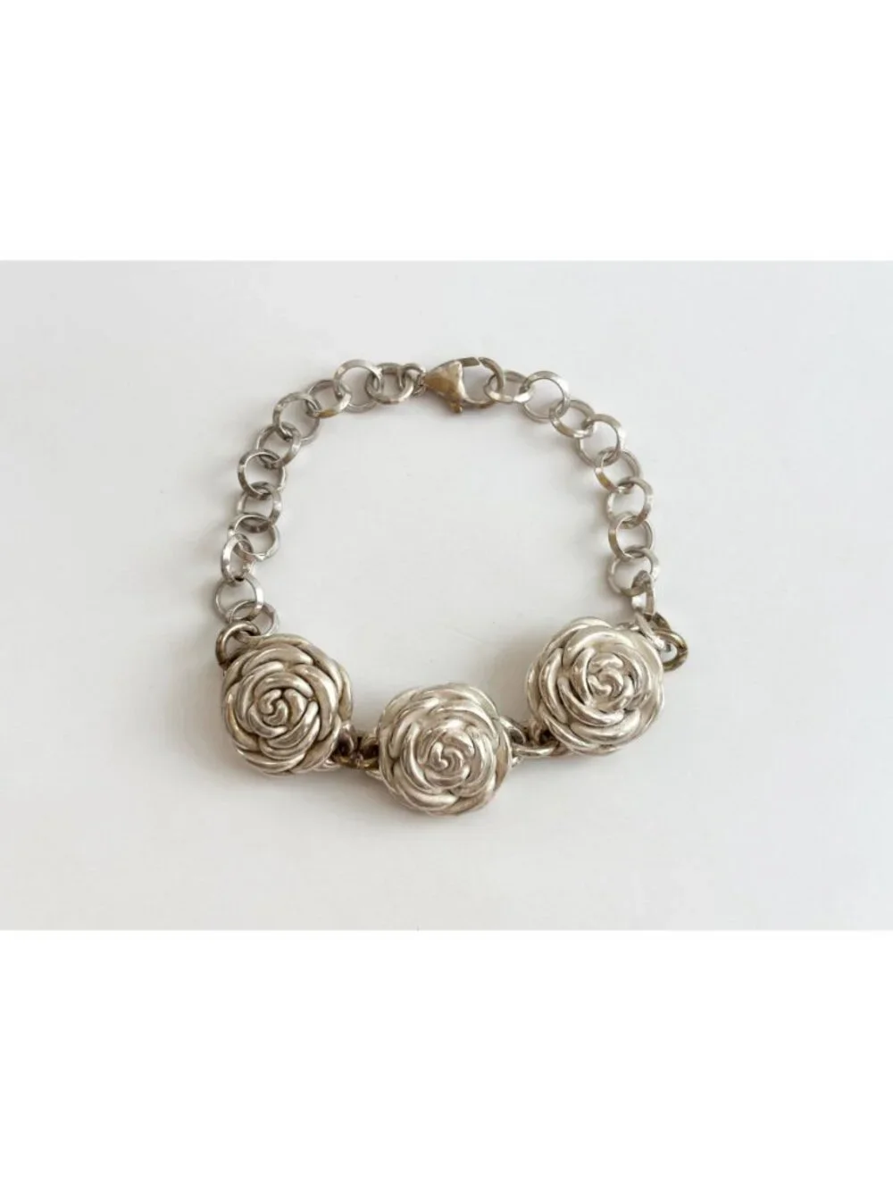 Triple Blooming Rosebud Floral Vintage Sterling Silver 925 Bracelet - 7.5